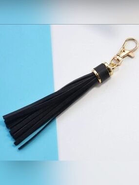 Black Faux Leather Tassel Fringe Keychain Bag Purse Charm